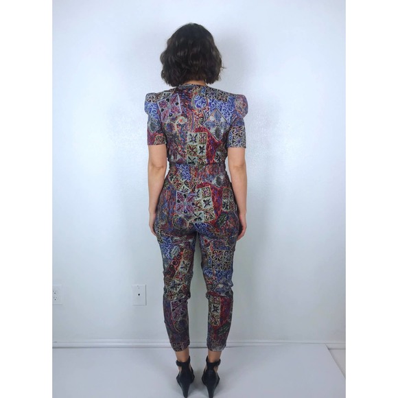vintage 90s bold ABSTRACT PRINT Puff Sleeve JUMPSUIT xs/s rayon skinny legs boho - Picture 10 of 10